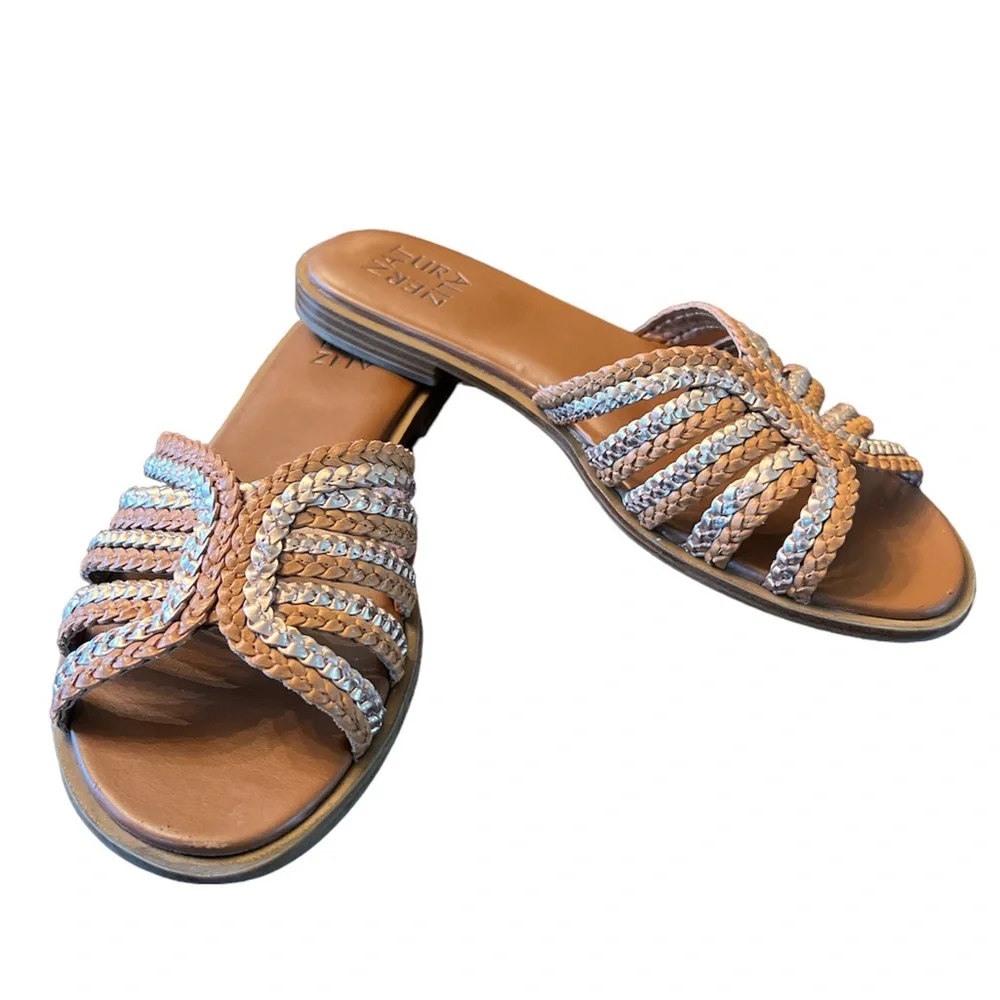 Naturalizer Lane Side Slide Sandal Brown Champagne Silver Braided Leather 8